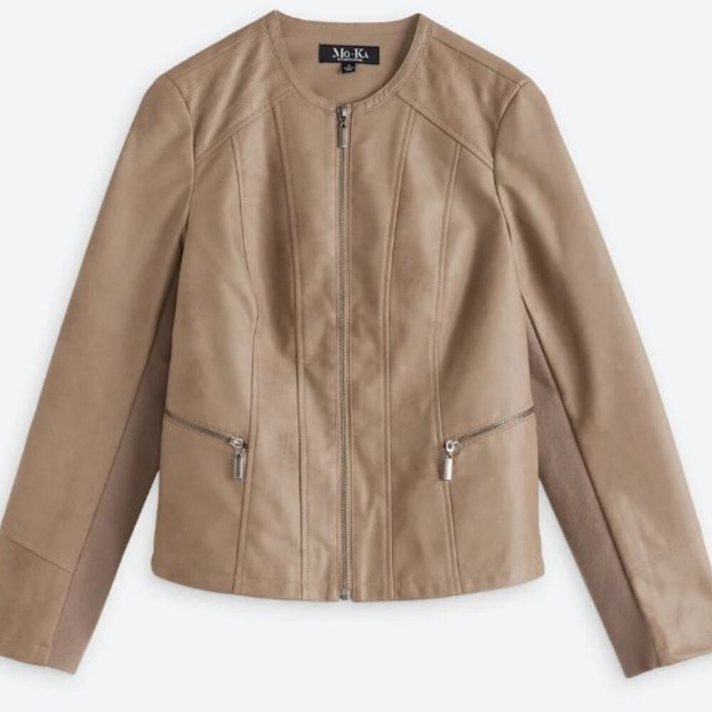 MO-KA Collarless Faux Leather Jacket